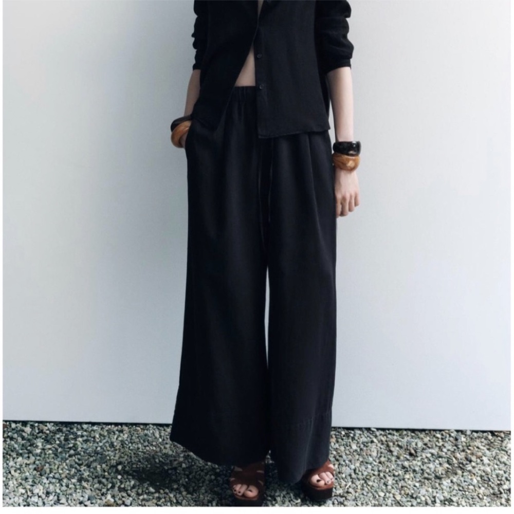 NWT Zara Black Wide-Leg Linen Pants Trousers with Elastic Waist